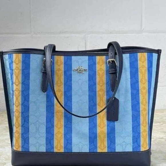 Coach Mollie Tote in signature jacquard with stripes C4088 Blue Yellow - Picture 1 of 6